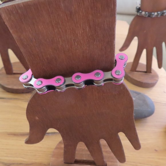 PINK Bike Chain Bracelet Handmade Stainless Steel - Picture 3 of 9